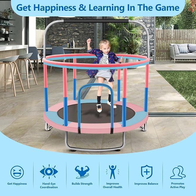 60" Toddler Trampoline for Kids, 5FT Adjustable Trampoline Indoor Outdoor with Enclosur Net, Mini Trampoline for Kids 3-10, 880lbs Capacity, Adjustable Gymnastics Bar, Basketball Hoop, Swing