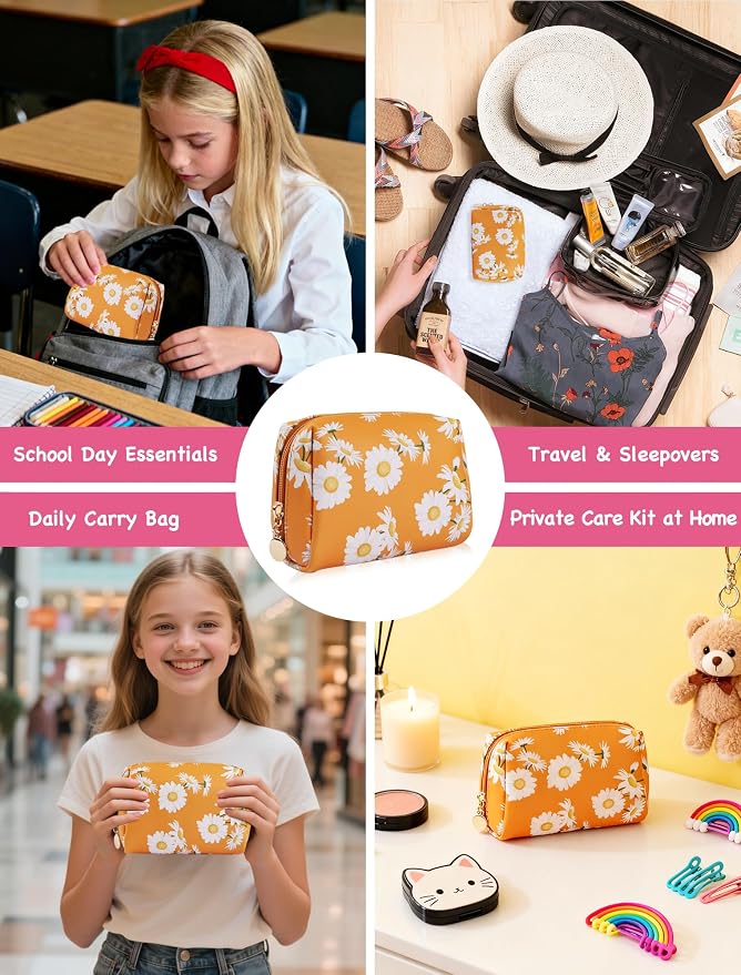First Period Gift Kit for Girls 9-12 | Complete Tween Period Set with Daisy Yellow Bag, Leak-Proof Panties, Teen Pads, Wipes, Diary, Nail Stickers & More – Perfect for School & Travel (M)