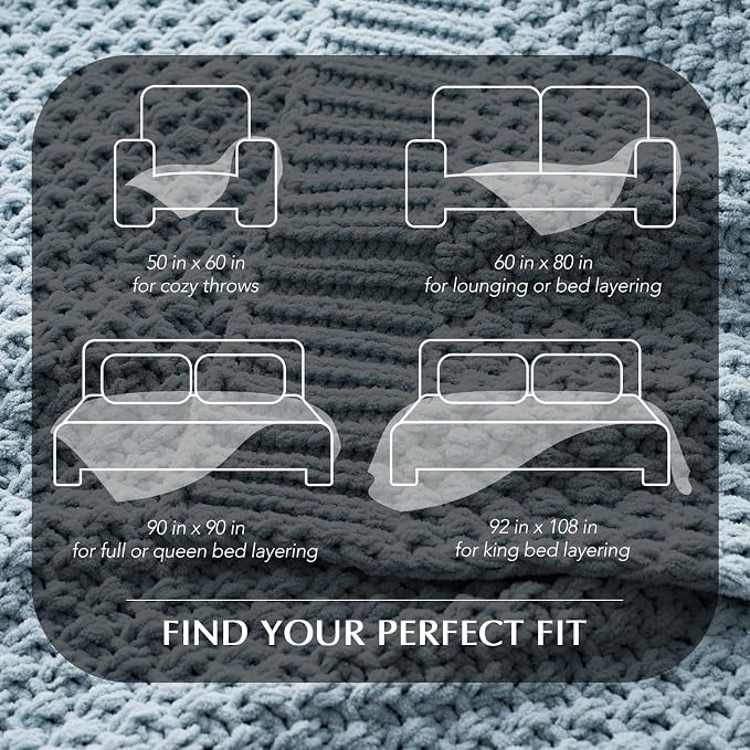 EVERGRACEHOME Chunky Chenille Knit Throw Blanket, 90 x 90, Chambray Blue | Sculpted Moss Stitch, Chic Modern Farmhouse, All-Season Warmth, OEKO-TEX® Certified, Oversized Queen for Couch, Bed, Sofa