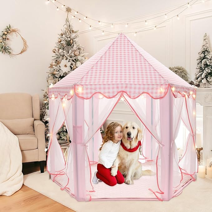 Princess Play Tent, Large Playhouse Castle Play Tent with Mat, Star String Toy, Indoor and Outdoor Games, for Children, Kids, Girls, Pink Plaid, 53" x 53" x 51", Pink