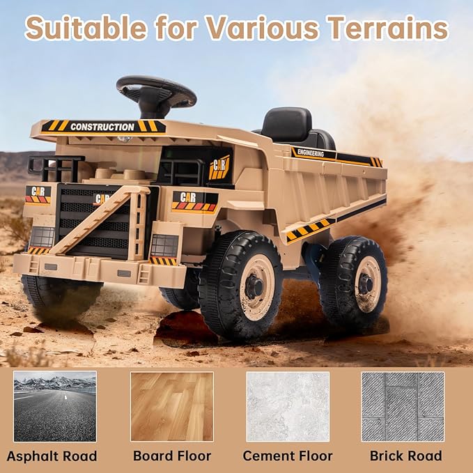 POSTACK 12V Ride On Construction Truck,Battery Powered Ride On Car with Remote Control, Kids Electric Vehicle with Shovel, Bluetooth, Music, Speaker, Boys Girls Gift, Khaki