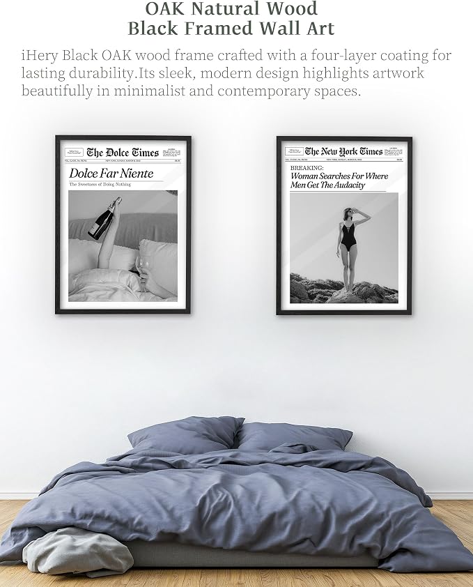iHery 16x20in Dolce Far Niente Black Framed Newspaper Wall Art | Premium Black Natural OAK Wood Frame with Canvas Print, The Sweetness of Doing Nothing Decor for Bedroom, Living Room 1Pack
