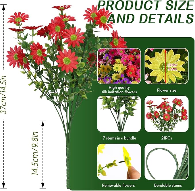 Alupssuc 30 Bundles Artificial Daisies Flowers Fake Silk Plant for Indoor Outdoor Decor, UV Resistant No Fade Faux Spring Flowers for Garden, Porch & Patio Decoration,RedRosyPurpleYellowPink