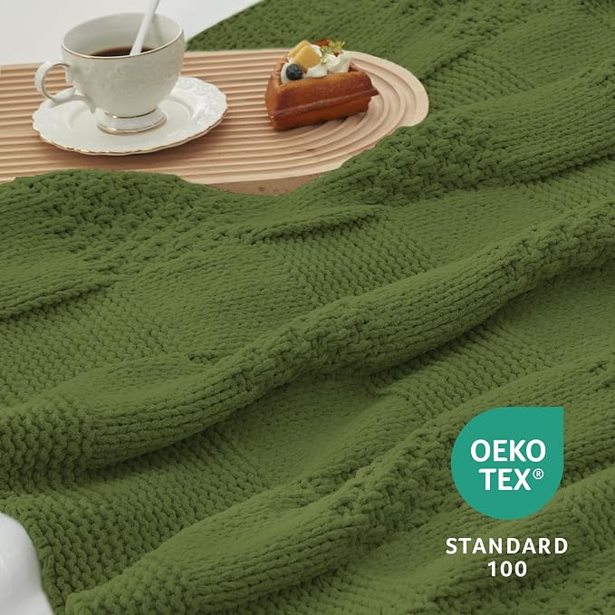 Knit Throw Blanket, Soft Chenille Cozy Breathable Checkered Chunky Decorative Blanket for Couch, Bed & Sofa, French-Inspired Lightweight Warm Gift for Women, Olive Green, 50"x60"