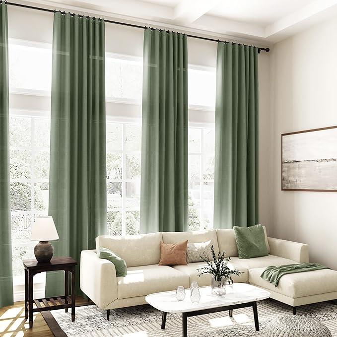 Nanspring Olive Green Linen Curtains for Living Room 2 Panels Set 92 Inch Length Back Tab Light Filtering Semi Sheer Curtain Drapes for Bedroom 52x92
