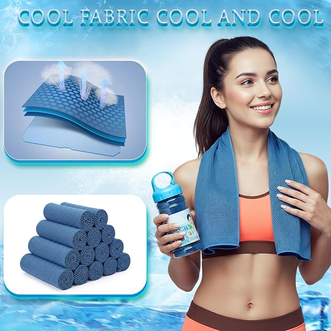 Honoson 10 Pcs Cooling Towels for Neck and Face, 47"x12" Sports Breathable Ice Towels Microfiber Chilly Sweat Rags with Portable Bottle for Gym Golf Athletes Yoga Workout Hot Weather (Dark Blue)