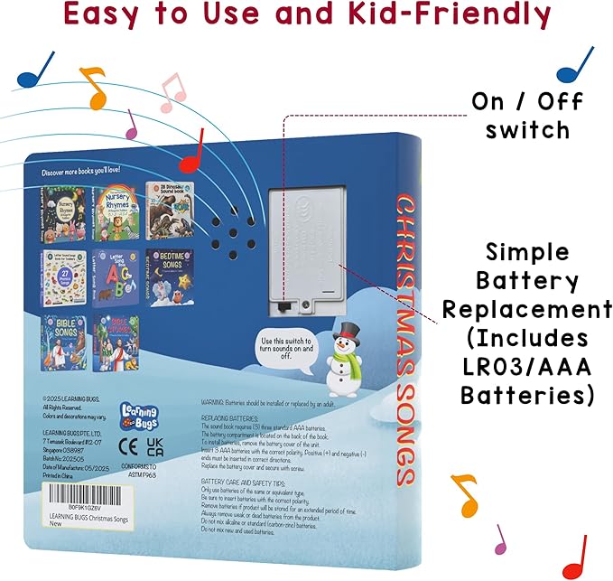 LEARNING BUGS Christmas Songs – Sing Along with 15 Festive Holiday Tunes, Musical Book for Toddlers, 28-Button Music Book, Musical Toys for Toddlers 1-3