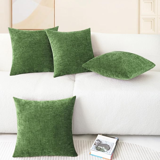 CaliTime Decorative Couch Throw Pillow Covers 18 X 18 Inches Forest Green | Pack of 4, Cozy Chenille Cushion Cases for Sofa Bed Living Room Farmhouse Home