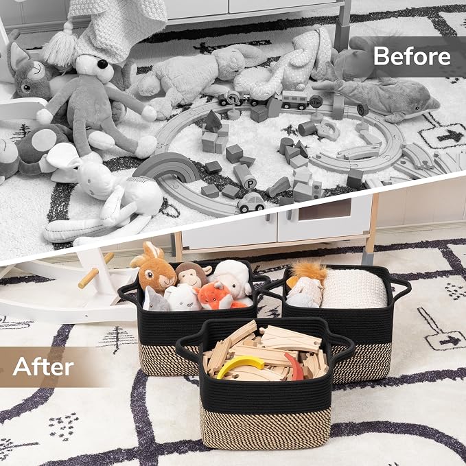 Goodpick Woven Storage Basket for Shelves, 13" x 10" x 9", Black & Jute | Stylish Gift Baskets Empty for Home Decor, Wicker Baskets for Dog Toys, Books & Towels Storage, Shelf & Closet Organization