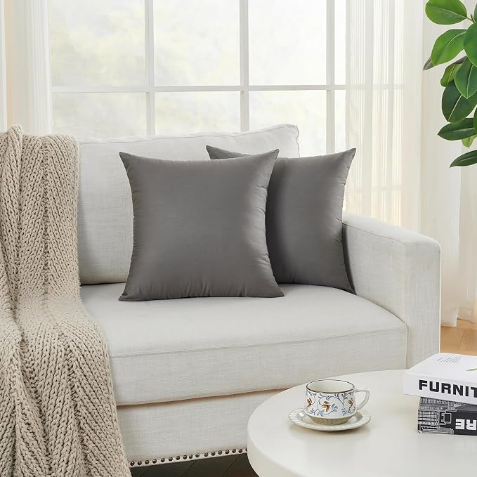 Longhui bedding Grey Throw Pillow Inserts 18x18 Set of 2, 100% Cotton Cover with Polyester Fill, 2-in-1 Use as Stuffers or Standalone Decor for Couch, Bed, Living Room, Outdoor