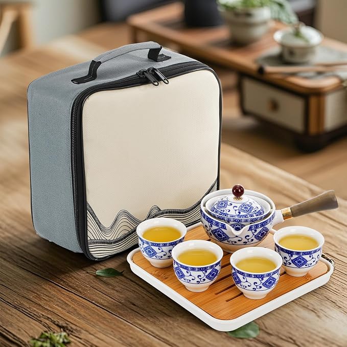 Peohud Chinese Gongfu Tea Set, Portable Porcelain Teapot Set with 360 Rotation Tea maker and Infuser, Teacups, Tea Tray, All in One Bag for Travel, Office, Outdoor, Gift