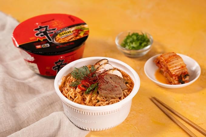 Nongshim Shin Ramyun Bowl Noodles, Spicy Korean Signature Instant Ramyun, Rich Beef Flavored Broth, Quick and Easy, Microwaveable Bowl, 3.03 oz (Pack of 24)