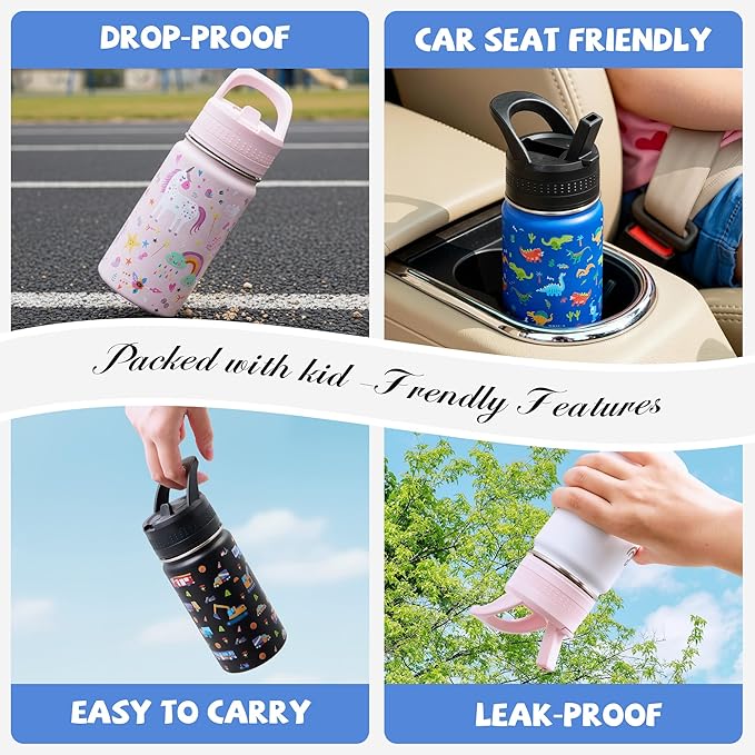 2 Pack Kids Water Bottle,14oz Stainless Steel Insulated Water Tumbler Leak-Proof,School Water Mug,Small and Portable,Suitable for Boys and Girls to Use(Black car + Blue dinosaur)