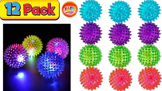 JA-RU Light Up Spiky Balls for Kids (12 Pack) – Light Up Bouncy Balls, Spiky Fidget Toys, Sensory Bin Filler, Stress Relief Toy, Bulk Party Favors – 695-12p