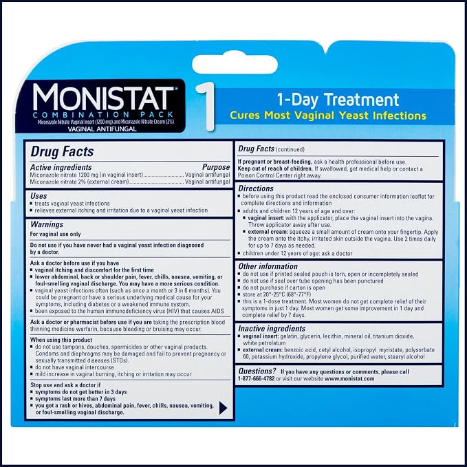 Monistat 1-Day Yeast Infection Treatment, Prefilled with Uristat Ultra UTI Relief Pak, Test for Urinary Tract Infection, Experience Urinary Pain Relief, 1 UTI Test Strip & 12 Pain Relief Tablets