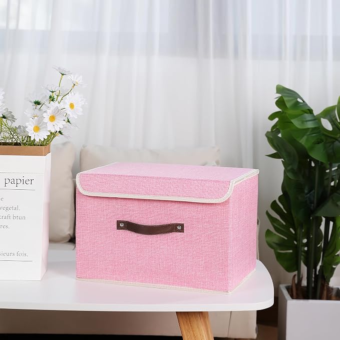 ANMINY Fabric Storage Box Bins with Lids, Pink, 13"x9"x7.9" | Keepsake Memory Storage, Cotton Linen, PP Board Reinforced, Washable, PU Handles, Foldable & Stackable, Decorative, Medium