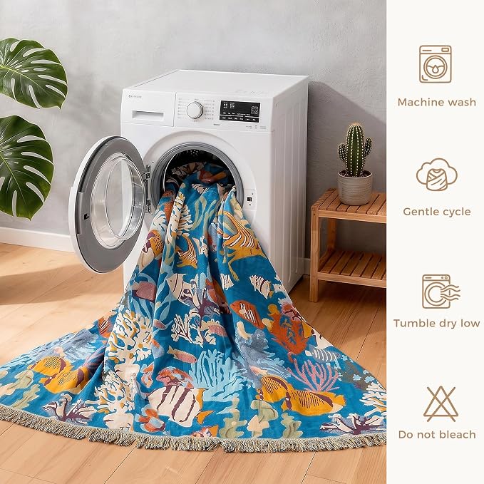 LUTBM Boho Throw Blanket for Bed 60"x80", All Season Cotton Couch Blankets | Underwater Ocean Life Jacquard, Twin Quilt, For Chair Sofa Bedroom Living Room, Lightweight & Breathable Gauze, Home Decor