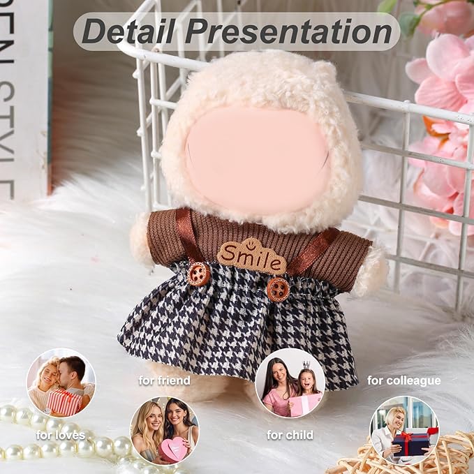 17cm Doll Clothes Set (No Doll) – Outfit with Hat & Overalls, Handmade Accessories for Mini Dolls, OB11-Compatible Dress-Up Gift (Retro Plaid Skirt)