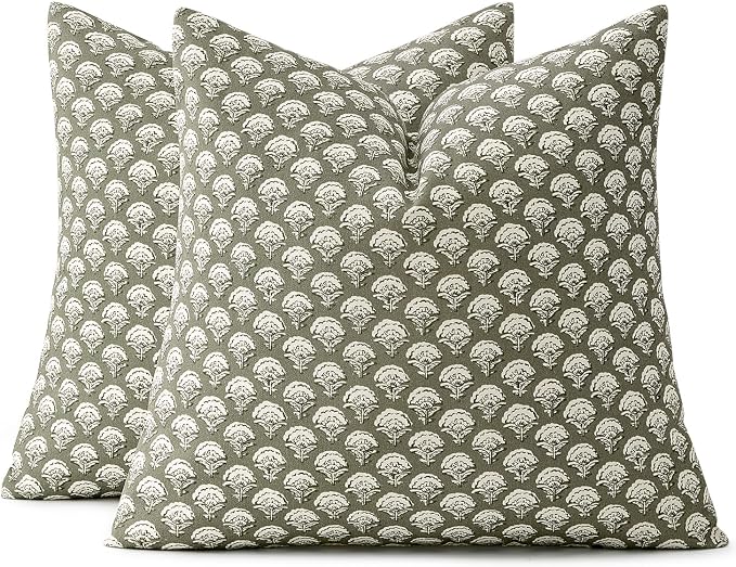 MIULEE Floral Print Decorative Pillow Covers 18x18, Sage Green | Vintage Boho Farmhouse Modern Home Decor, Set of 2, Block Print Cushion Covers for Couch Sofa Bed Living Room