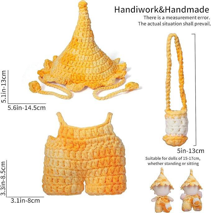 17cm Doll Clothes - Handmade Dreamy Elf Style Set, Premium Dolls Outfit with Accessories - Bright Yellow One-Piece Trousers + Gradient Color Hat + Matching Bag (NO Doll)