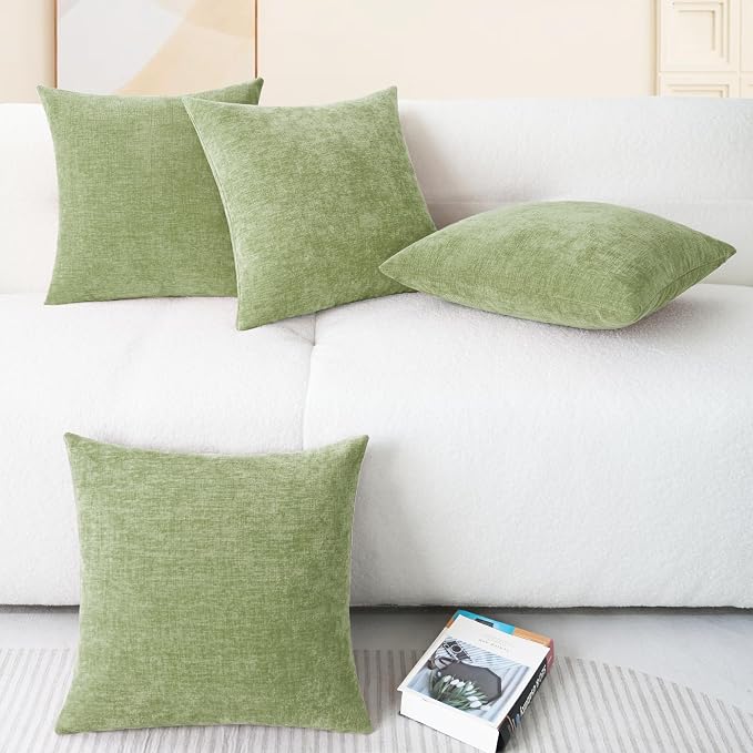 CaliTime Decorative Couch Throw Pillow Covers 18 X 18 Inches Sage Green | Pack of 4, Cozy Chenille Cushion Cases for Sofa Bed Living Room Farmhouse Home