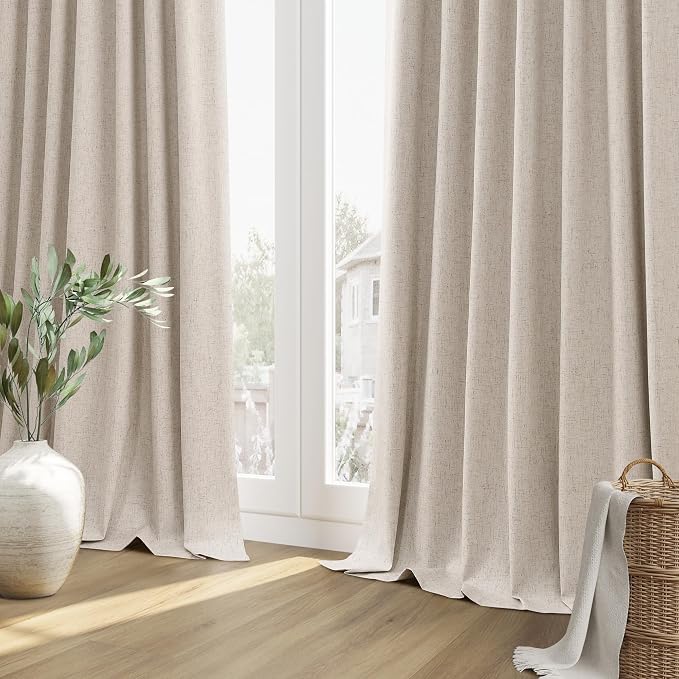 Guken Oatmeal 100% Blackout Linen Curtains 63 Inch Length 2 Panels Set for Living Room Bedroom Back Tab Thermal Insulated Black Out Drapes Room Darkening Farmhouse Window Curtains 63 Inches Long