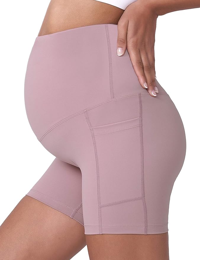 POSHDIVAH Women's Maternity Yoga Shorts Over The Belly Bump Summer Workout Running Active Short Pants with Pockets 5"/8"