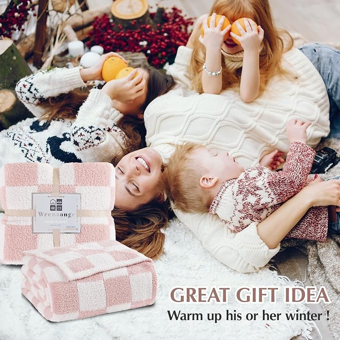 Soft Checkered Throw Blanket for Couch-Cozy Warm Knitted Blankets | Lightweight Warm Fluffy Decor for Women, Mom, Her & Girls, Sofa, Chair, Bed, 50x60in,Pink