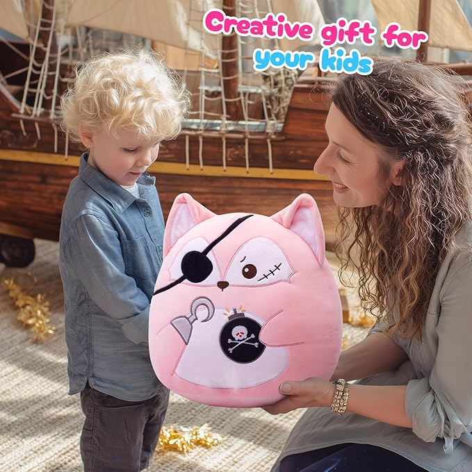 Pirate Fox Plush Pillow - Cute Pink Pirate Fox Stuffed Animal, Soft Plush Toy Gift for Kids, Boys & Girls,13inch