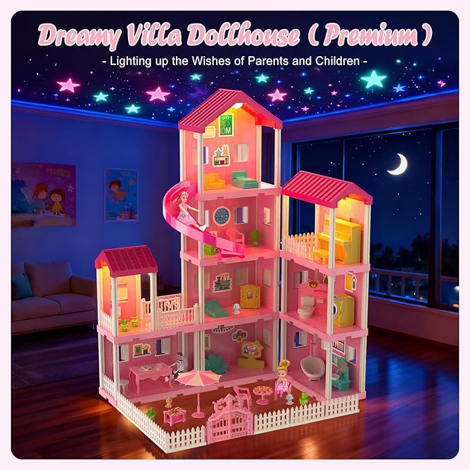 Dreamy Dollhouse Playset for Girls,Princess Doll House with 4-Story 10 areas 2 Dolls, Lights, Pets,Furniture & Accessories, Pretend-Play Toddler Playhouse Gift for 3 4 5 6 7 8 9+ Year Old Girls Toys