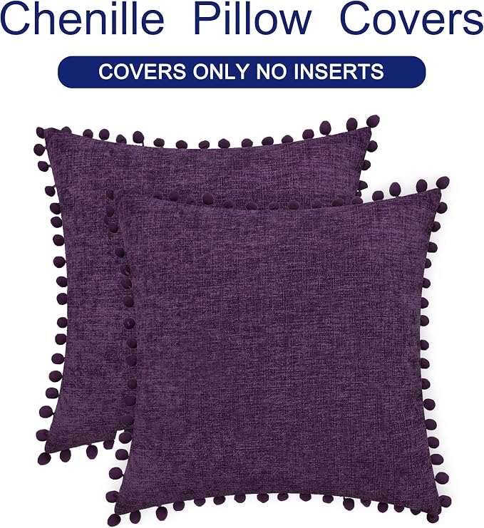 CaliTime Decorative Couch Throw Pillow Covers 20 X 20 Inches Plum Purple | Pack of 2, Cozy Chenille Cushion Cases, with Pom Poms for Sofa Bed Living Room Farmhouse Home