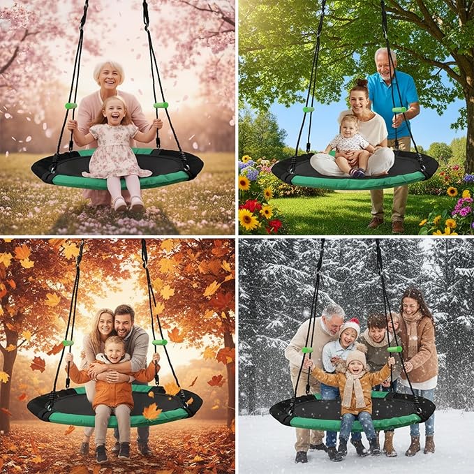YSEJOMP 4FT Round Tree/Saucer Swing with Handles -Made of Sturdy Frame,PP Mat,Adjustable Multi-Strand Ropes,Safe and Durable for Yard Garden Playground Park (Black and Dark Green, 48 inches)