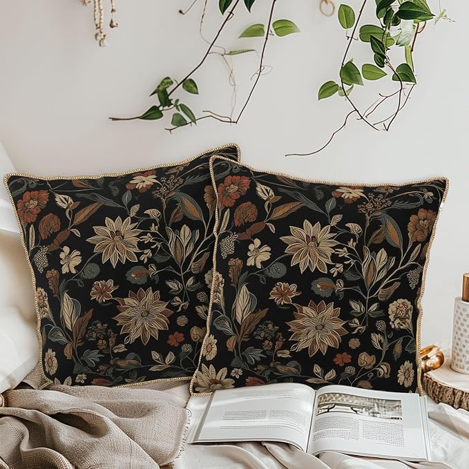 KSLIDS Vintage Floral Brown Black Soft Velvet Throw Pillow Covers Set of 2 Retro Boho Flower Leaves Decorative Pillow Covers 18x18 Inch Bohemian Pillow Case for Sofa Couch Farmhouse Home Decor