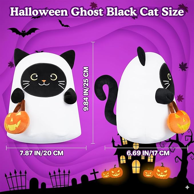 Halloween Ghost Stuffed Animal, Halloween Ghost Black Cat Plush Toy with Pumpkin Gifts for Girls Boys Decor 10 Inch