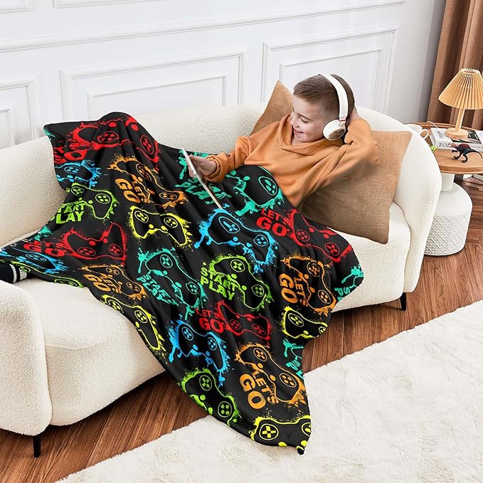 Wajade Game Blanket for Boys and Girls 3D Colorful Video Games Controller Blanket for Kids Teens Soft Warm Fuzzy Game Blanket for Couch Sofa Bed 60x80inch