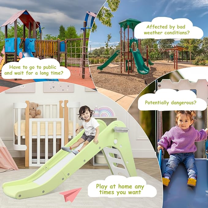 Arlopu Freestanding Kids Slide, Toddler Slide Climber with Basketball Hoop & Ball, Baby Playset w/Long Slope, for Boys and Girls Birthday, Sturdy Playground Toy for Indoor Outdoor Age 3+ (Light Green)