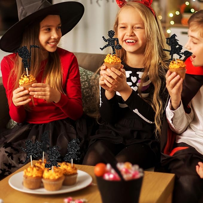 Gyufise 24Pcs Halloween Cupcake Toppers Black Glitter Trick or Treat Halloween Cupcake Pick Decorations for Baby Shower Kids Boys Girls Birthday Party Cake Decorations Supplies
