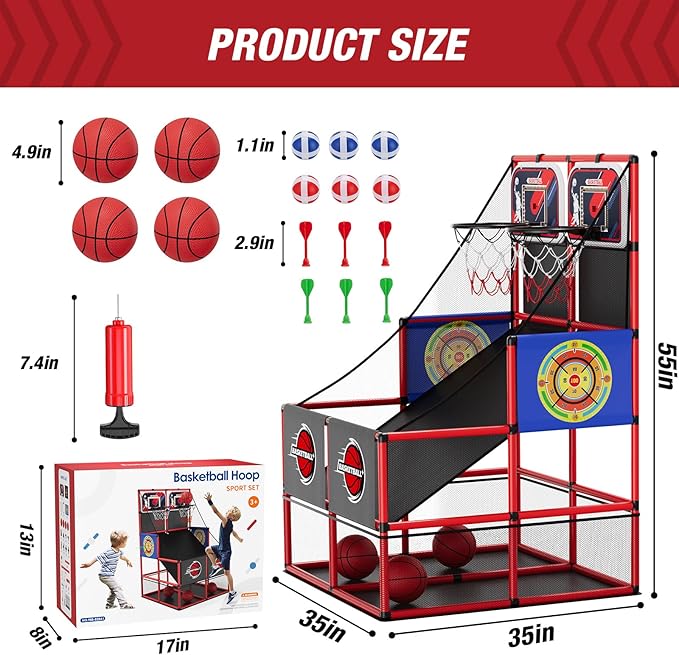2 in 1 Dual Shot Basketball Arcade Game with 2 Dart Boards/Electronic Scoreboard/LED Light, Kids Basketball Hoop for Home Indoor Outdoor, Sport Toys for Boys Girls
