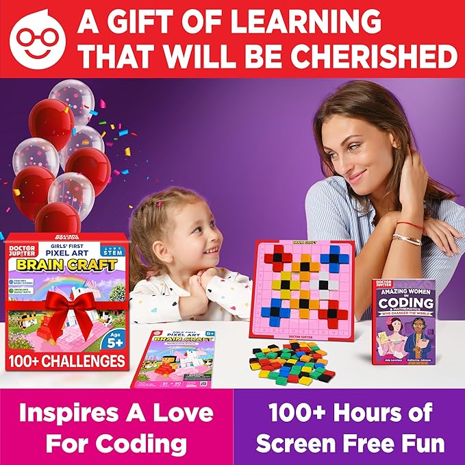 Doctor Jupiter My First STEM Pixel Art Kit, Brain Craft for Girls Ages 5+ | Birthday Gift Ideas for 5-6-7-8-9-10 Year Old Girls | Learning & Educational Coding Basics Toy with 100+ Challenges