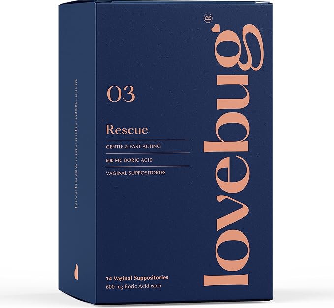 LoveBug Women's Health Rescue Vaginal Boric Acid Suppositories for Women - Fast Acting Suppository for Odor, Discharge, Yeast, and pH Balance with Coconut Oil, Hyaluronic Acid & Vitamin E, 14 ct