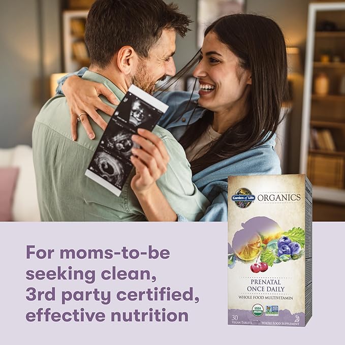 Garden of Life Organics Prenatal Vitamin: Folate for Energy & Healthy Fetal Development, Non-constipating Iron, Vitamin C, B6, B12, D3 – Organic, Non-GMO, Gluten-Free, Vegan, 30 Day Supply