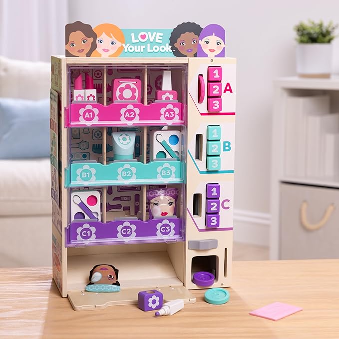 Melissa & Doug Sort, Stock, Select Beauty Kiosk Vending Machine Play Set, Pretend Makeup Wooden Toy for Boys and for Girls 3+ - FSC Certified