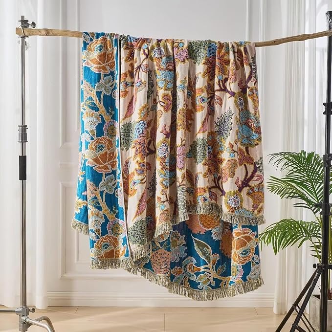 Boho Throw Blanket Farmhouse Decor Throw Blanket Bohemian Blanket for Bed 100% Cotton Muslin Woven Couch Blanket All Seasons Quilt Bedroom (E-Beige, 60"x80")