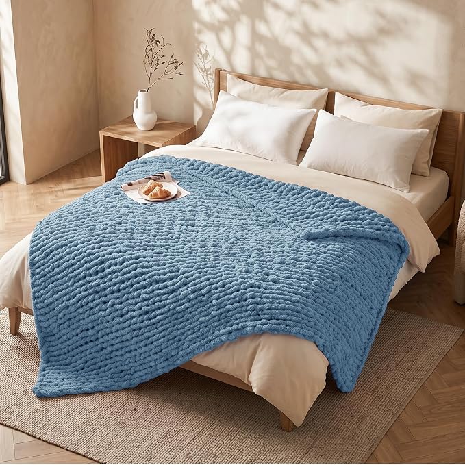 L'AGRATY Chunky Knit Throw Blanket for Couch, 50 x 70 Inches, Airy Blue | Handmade Chenille Crochet Blanket for Sofa Bed, Thick Cable Knitted Blankets for Room Home Decor, Birthday Gift for Women Mom