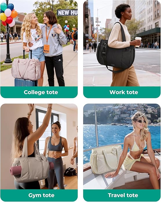 BAGSMART Crush Bow Tote Bag for Women, Puffer Travel Work Yoga Laptop Bag | Large Bow Tote Fits 40oz Tumbler, 15.6" Laptop, Yoga Mat Sleeve, Waterproof Pocket, Travel Work Swim Gym Mom Shoulder Handbag