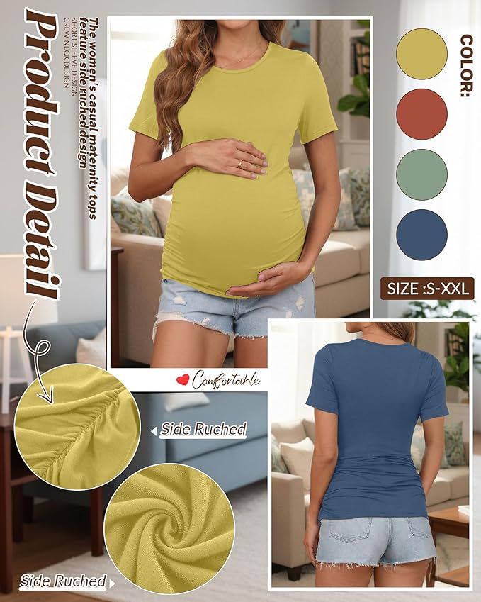 Huukeay 4 Pack Women's Maternity Shirts, Crew Neck Maternity Top Short Sleeve Casual Cotton Tee Side Ruched Pregnancy Clothes