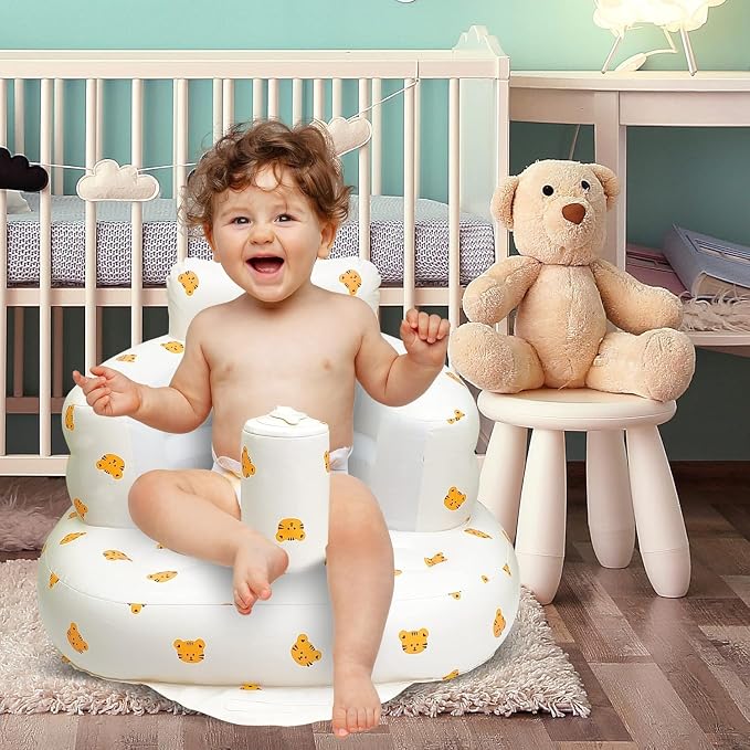 AirSwim Inflatable Baby Chair, Inflatable Baby Seat for Babies 3 Months and Up, Summer Blow Up Chair with Built in Air Pump, Bumbo Seat for Learning to Sit, Palying, Camping, Tiger