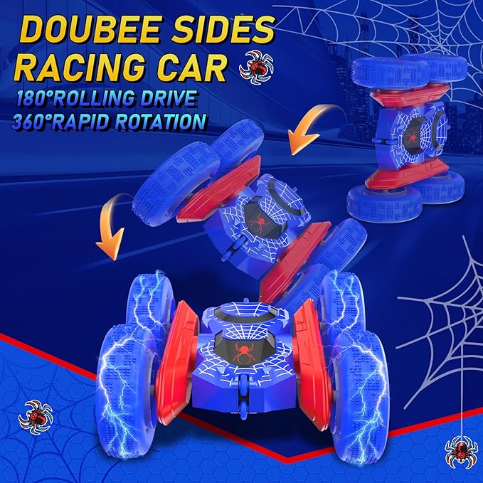 NQD Spider Remote Control Car- Double Sided 360ยฐRotate RC Stunt Car with Wheel Lights, 4WD Off-Road RC Cars 2.4Ghz Indoor/Outdoor Rechargeable Toy Car for Boys Age 4-7 8-12 Birthday Xmas Gift