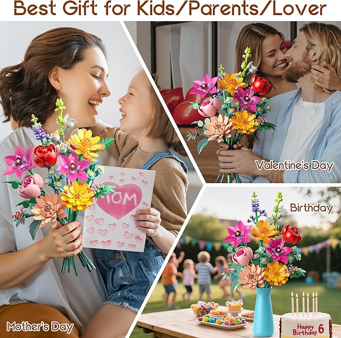 Flowers Bouquet Building Set, 891 PCS Artificial Wildflower Botanical Collection Kit for Women Kids Girls, Home Office Decor Gift for Mother's Day/Valentine's/Christmas