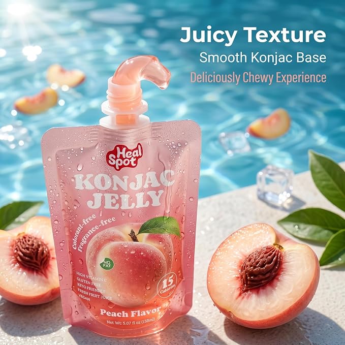 Healspot Real Fruit Juice Snacks Konjac Jelly with Collagen Peptides and Vitamin C, No Artificial Sweetener, Low Calories|Gluten Free|Keto Friendly, Healthy Korean Snacks 10 Pouches Peach Flavor